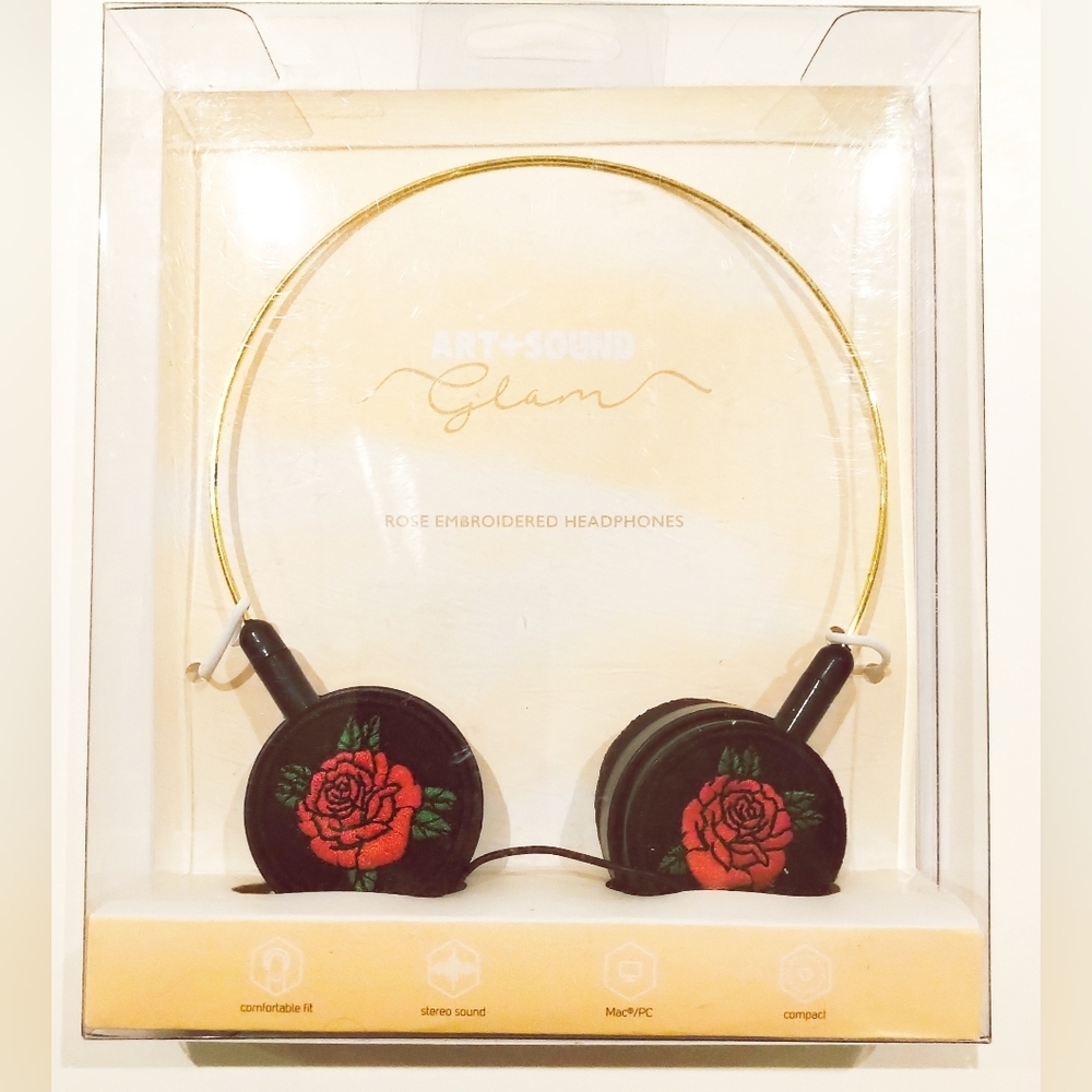 RARE!!! NWT Dead Stock Vintage Glam Art+Sound Rose Design Embroidered Headphones